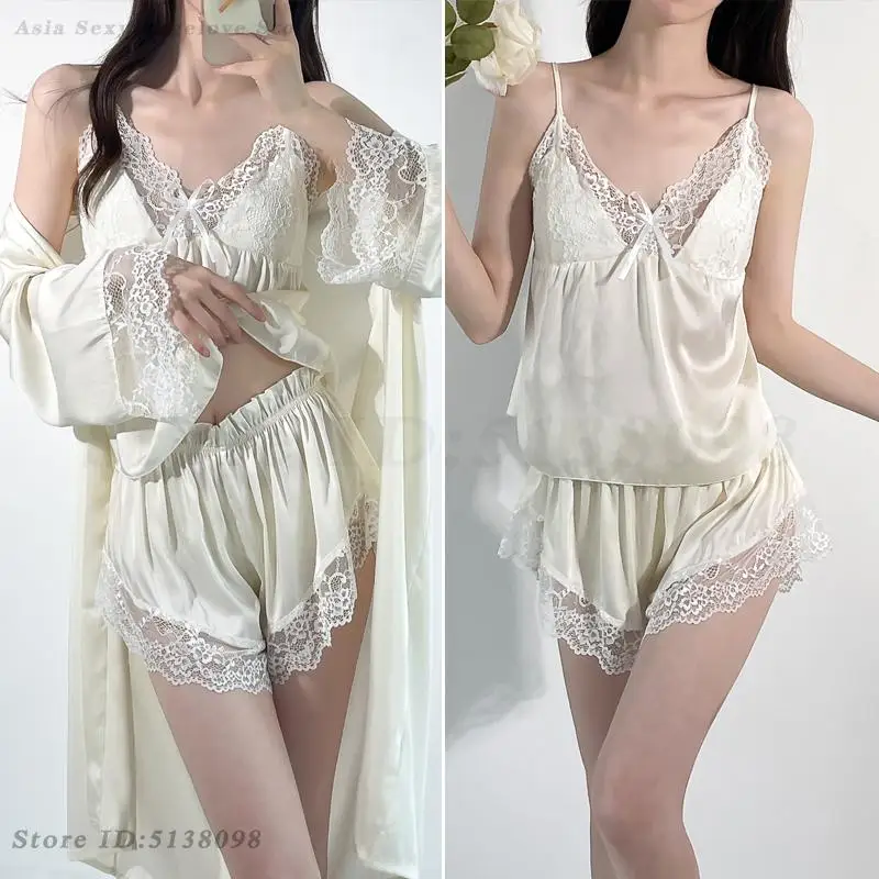 Women's 3PCS Pajamas Suit Sexy Lace Patchwork Robe Set Cami Top Shorts Sleepwear Spring Summer Silk Satin Nightwear Loungewear