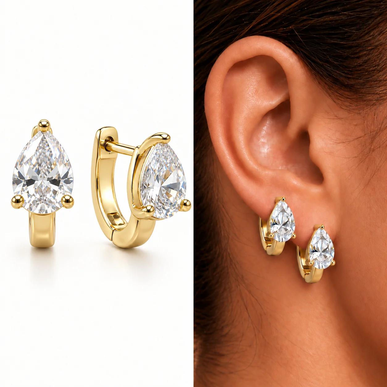 Moonmory Verbesserte Minimalistische Messing-Creolen für Damen, Luxusmarke, Doppelte 14K Vergoldete Marquise-Oval-Huggie-Ohrringe, Großhandel – Detail 2