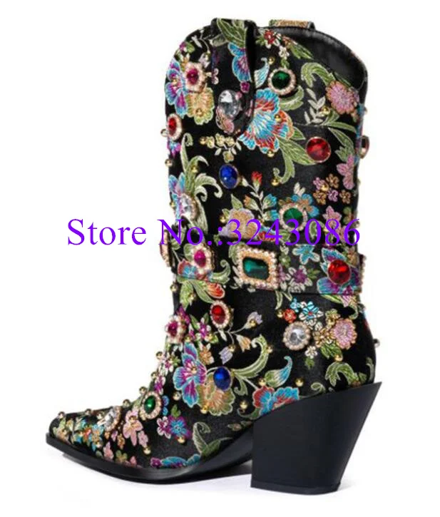 Embroidery Crystal Chunky Heel Woman Ankle Boots Luxury Design Jewel Decor Lady Mid-calf Boots Sexy Female Banquet Shoes