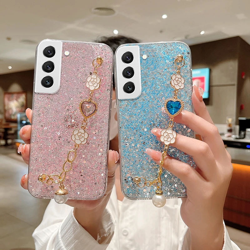 Shiny Glitter Flower Bracelet Case for Samsung Galaxy A13 A32 A52 A72 A23 A50 A51 A71 A11 A21S A31 A20 A33 A22 A10S a12 Cover