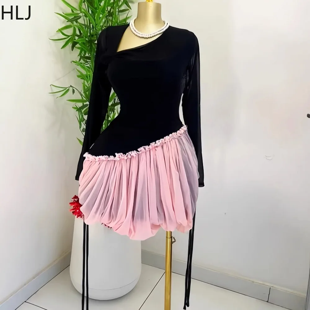 

HLJ INS Sweet Sexy Solid Color Bodycon Dresses Woman Diagonal Collar Long Sleeves Flower Bud Dress Female Streetwear Vestidos