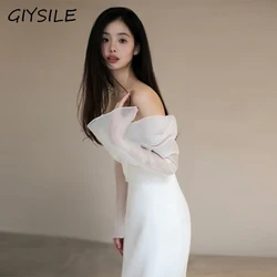 GIYSILE One Shoulder Satin Light Wedding Dress with Simple and Slim Fit Sweet Long Sleeved Bride Evening Gown Vestidos De Novia