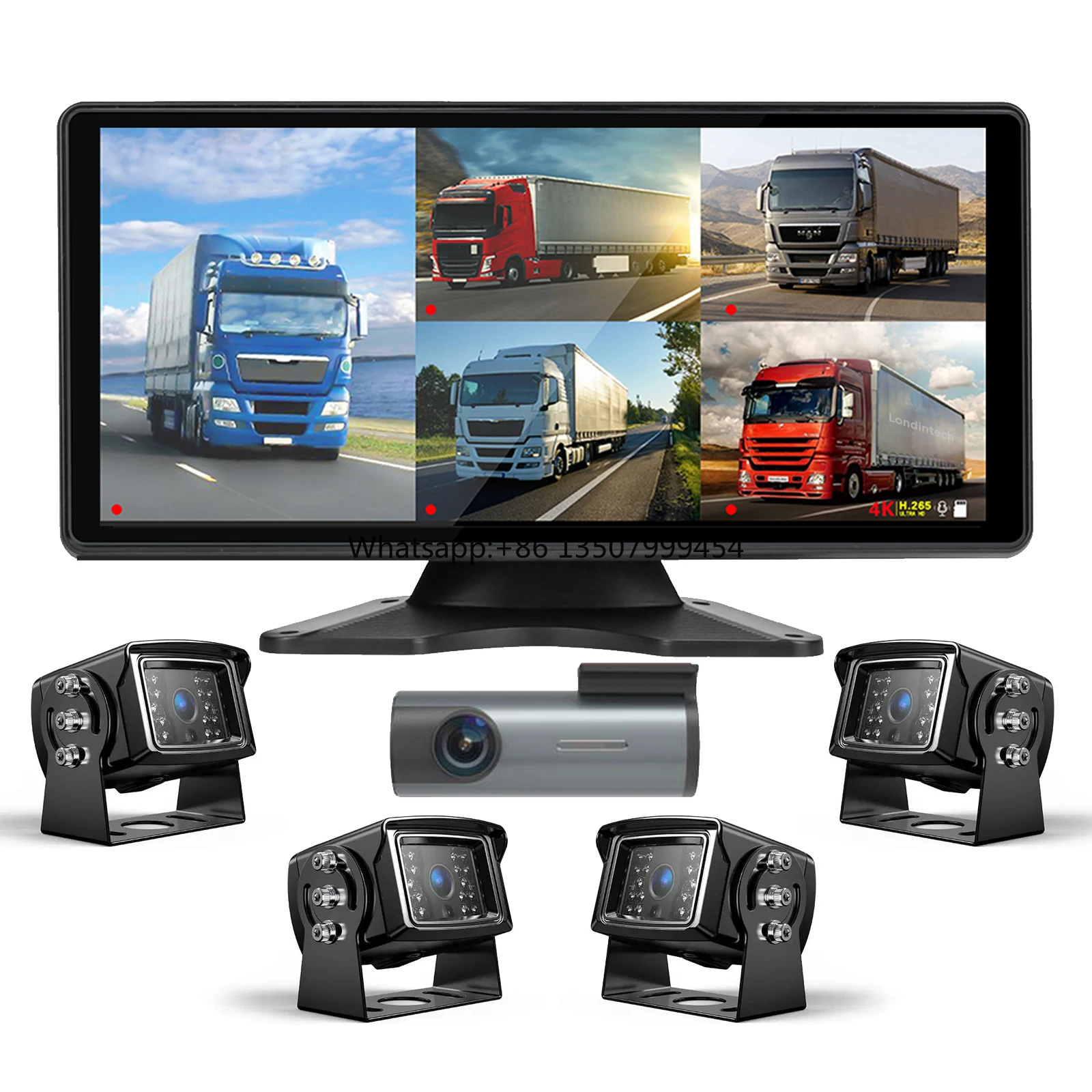10.36 Inch 5 Channels Split Screen Car MP4 DVR Recorder Monitor With AHD Front Rear Backup Camera for Truck/Bus/Trailer/RVs