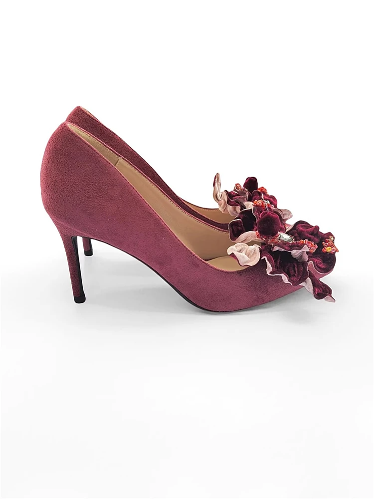 رقيقة عالية الكعب الربيع والخريف جديد وأشار المخملية ثلاثي الأبعاد حجر الراين مطرز زهرة أحذية مأدبة الأحذية النسائية