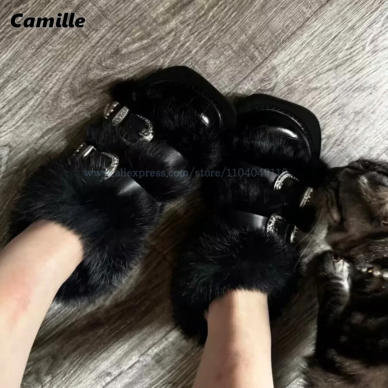 Fur Short Plush Belt Buckle Strap Cap Toe Mules Retro Punk Style Flat Winter Slippers Mary Jane Y2K Casual Women Slides