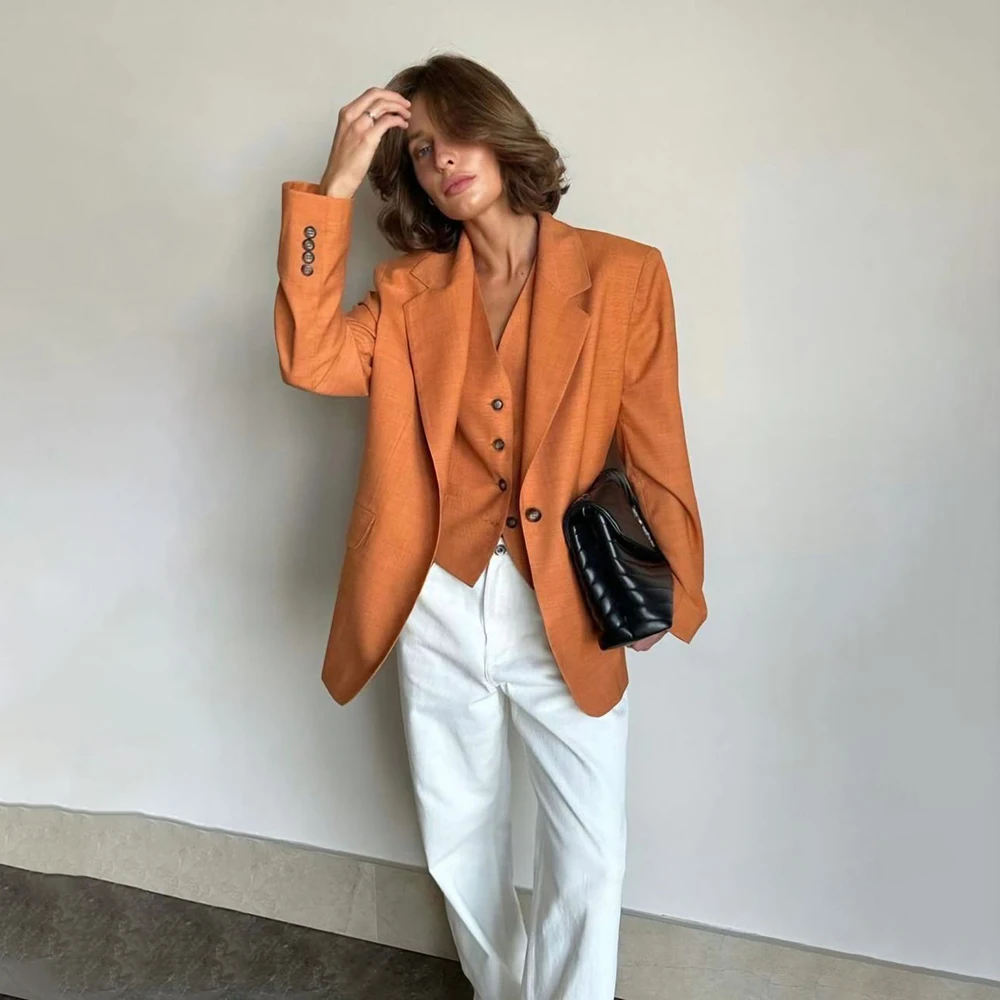 

Облегающие женские костюмы, льняные комплекты из трех предметов, брючный комплект, высококачественный пиджак с лацканами на одной пуговице, элегантная повседневная деловая офисная одежда