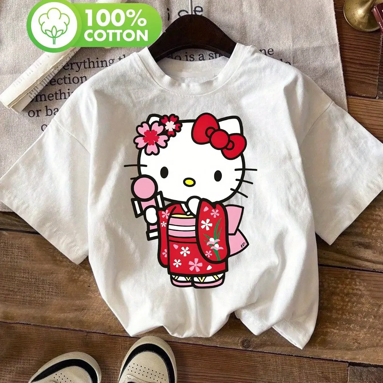 

Sanrio Japanese Kimono Hello Kitty Kids New Summer Print Women Girls T-Shirt Casual Cotton Short Sleeve Trendy Versatile Top
