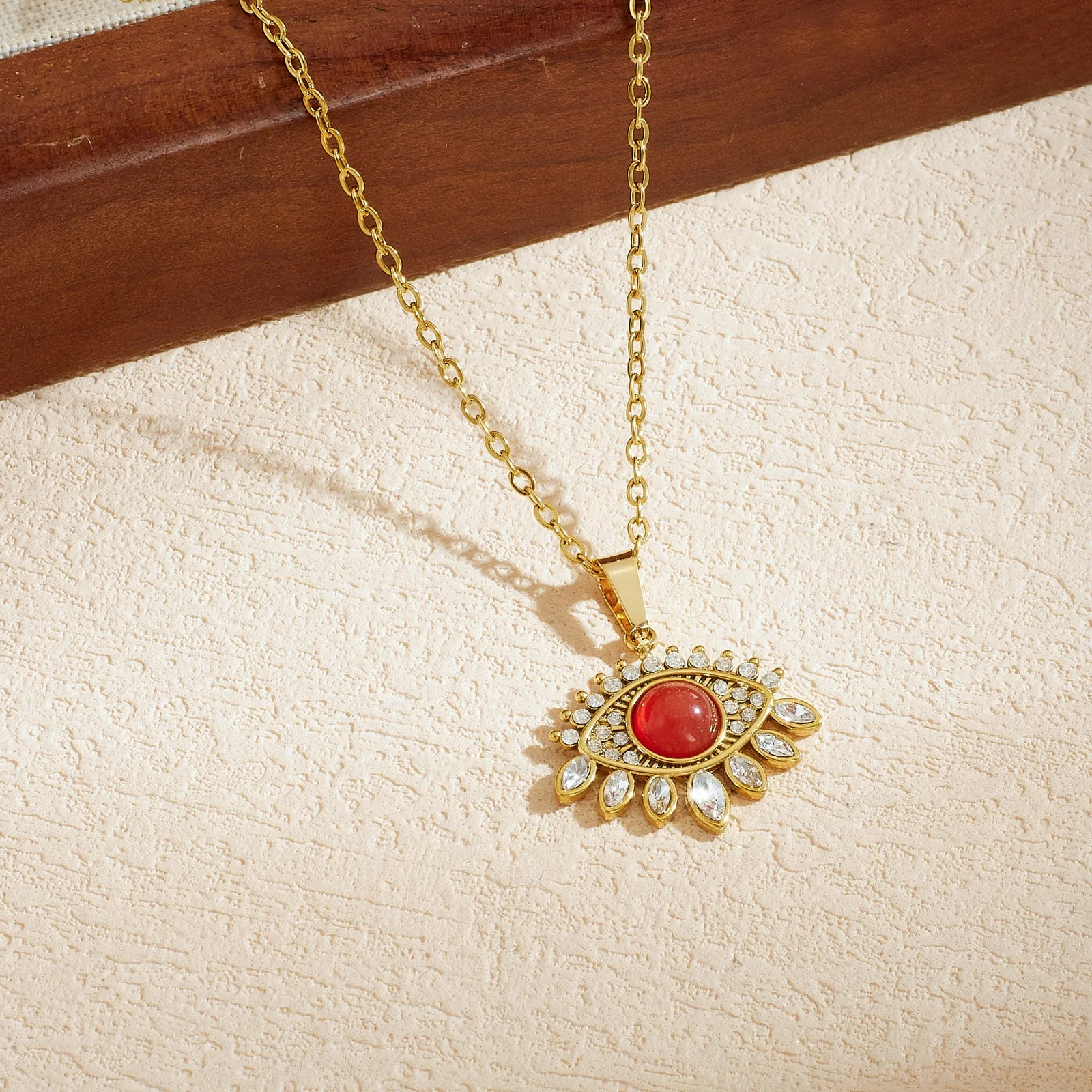 Stainless Steel Red Natural Stone & Zircon Evil Eye Pendant Necklace Women Waterproof Clavicle Chain Lucky Jewelry