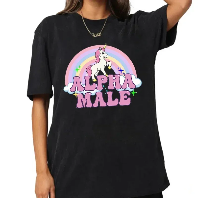 Alpha Women Unicorn Tee Rainbow Graphic Tees Funny T-Shirts Women Fashion Hip Hop Men Tops 100% Cotton Unisex Aesthetic Clothing