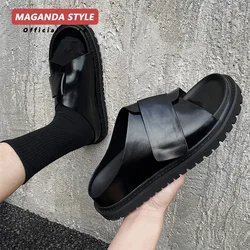 Maganda style Korean genuine leather slippers shoes for men's minimalist IG fashion casual soft soled outdoor beach shoes