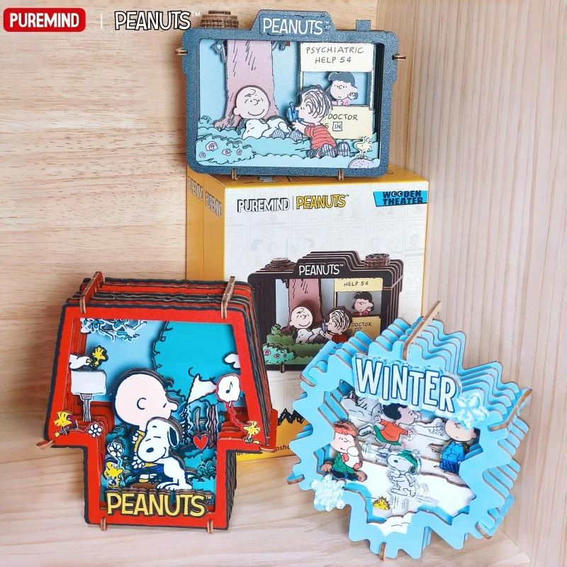 

PUREMIND Snoopy Building Blocks Bookshelf Diy Assembly Miniature Wooden Cartoon Lighting Decorations Collectible Holiday Gifts