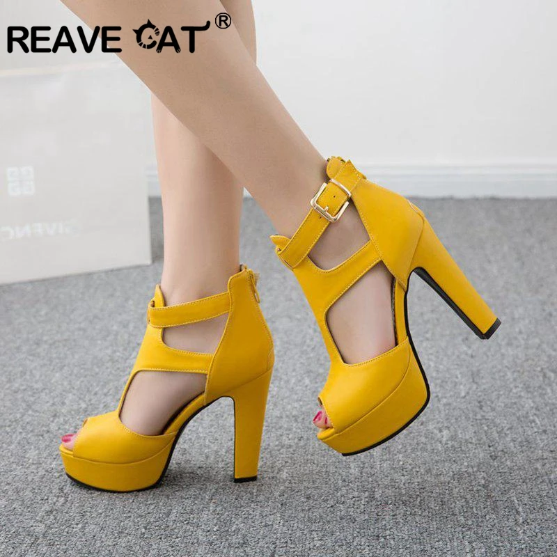 REAVE CAT Women Pumps High Heels Platform Shoes Peep Toe Buckle Spring Spike Heels Ladies Party Shoes Yellow Size 34-43 A1102