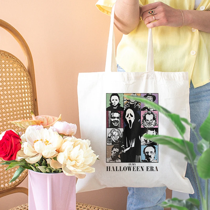 In My Halloween Era Pattern Canvas Tote Bag Funny Halloween Gift for Friends Sister Bestie BFF Foldable Shopping Bag Female