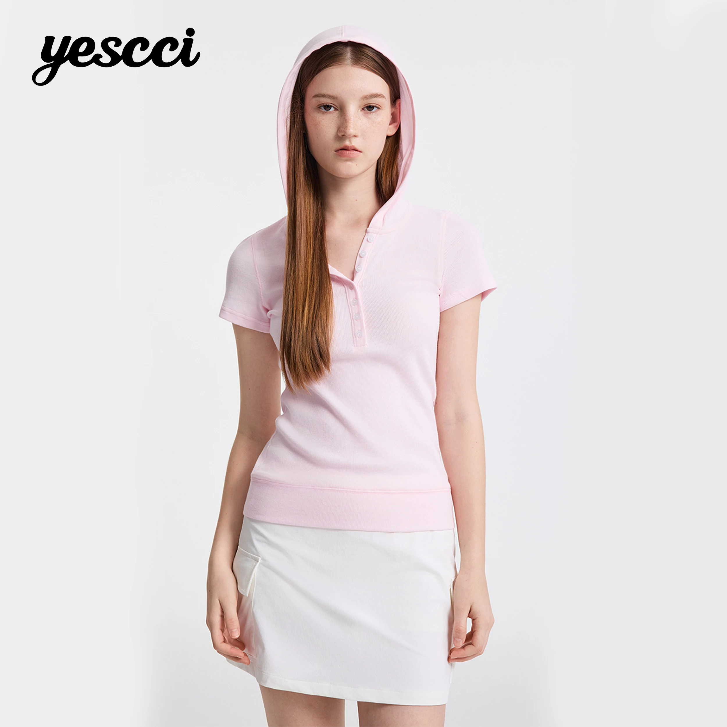 YESCCI Women's T-shirt 2026 Summer New Stylish Hooded Women's Short Sleeve Tee Casual Solid Color Half Placket Top S56311036