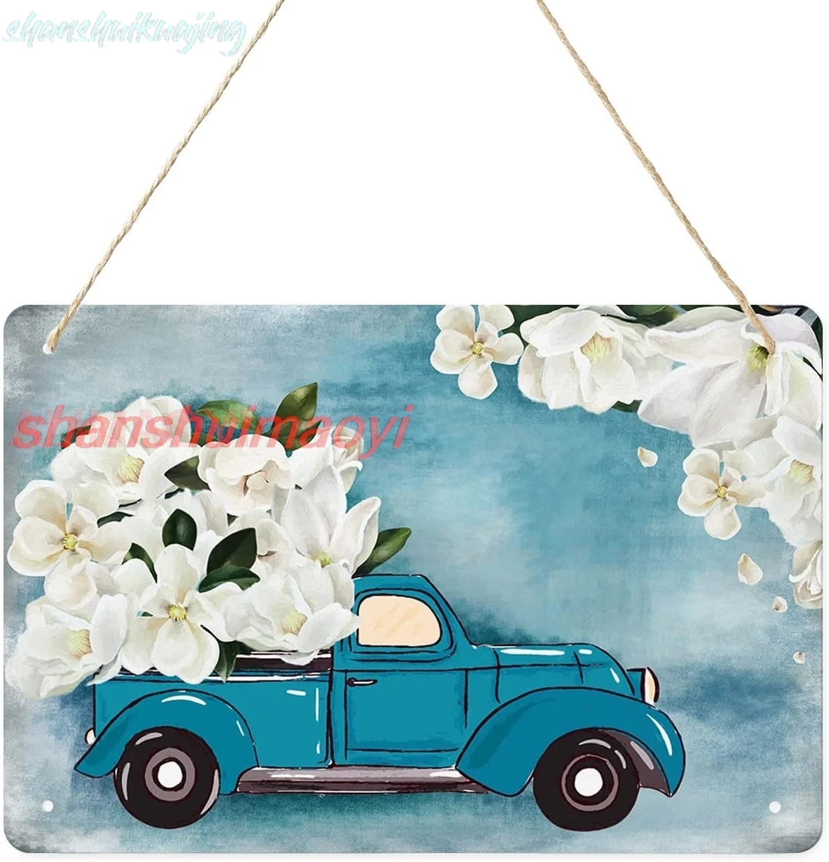 White Magnolia Flower with Blue Truck Vintage Metal tin Sign Art Plaque Wall Decor Look Funny Gifts for Home Kitchen Garage sign