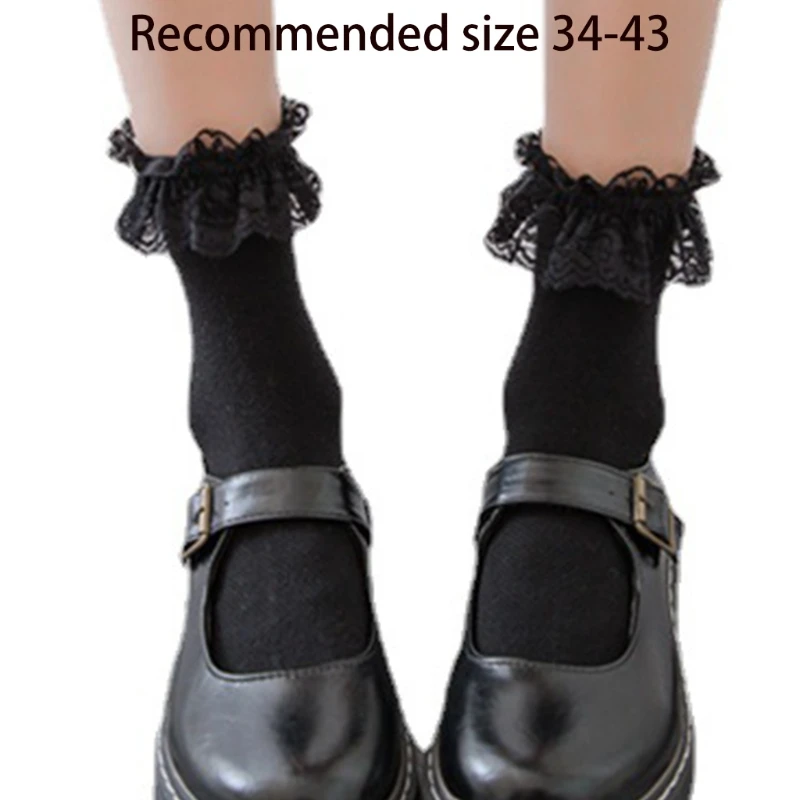 Meias tornozelo algodão femininas japonesas Ruffle Frilly Trim Lace Uniform Hosiery