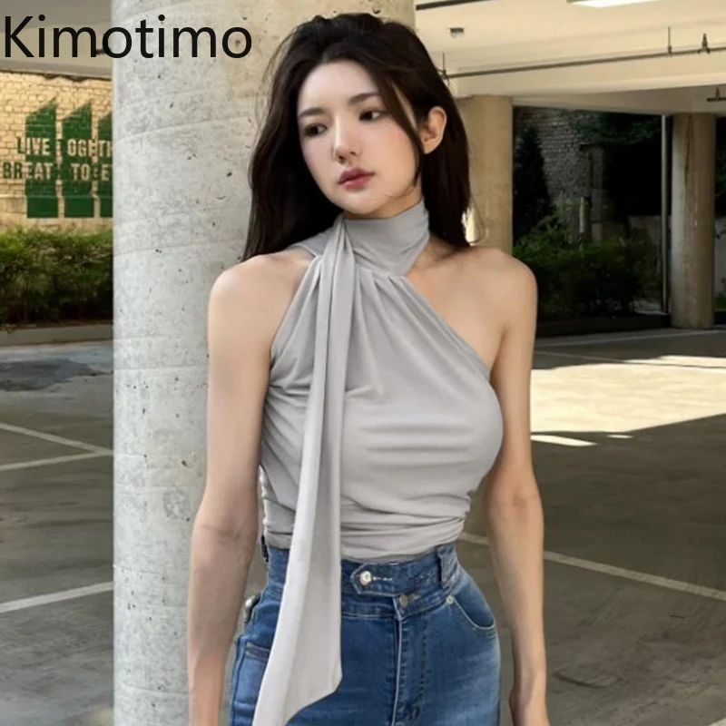 Kimotimo Korean Sexy Halter Ribbon Tank Top Women Solid Slim Fit Sleeveless Temperament Vest Camis Summer Spicy Girl Y2k Clothes