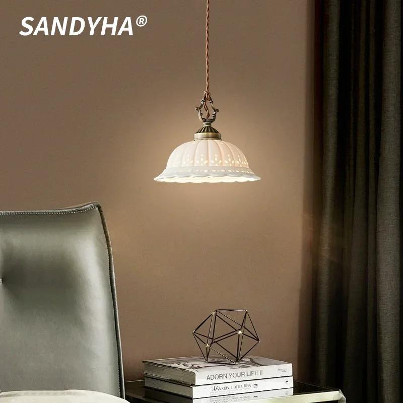 

SANDYHA French Retro All Copper Pendant Light Ceramic Design LED Lamp for Living Room Bedroom Decoration Study Lighting Fixtures