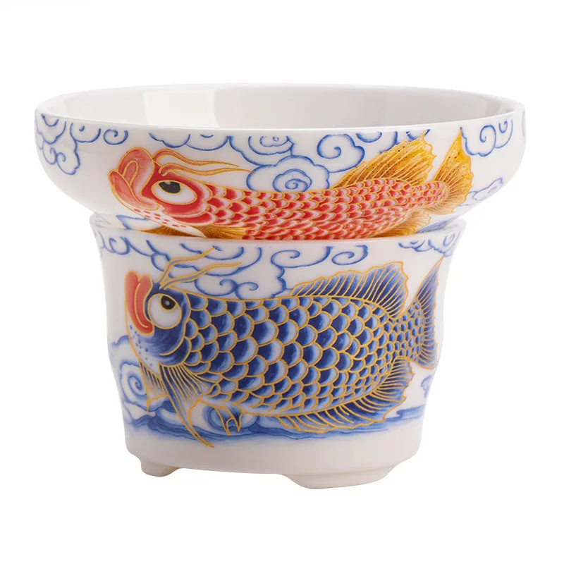 الأبيض اليشم الخزف التنين الأسماك مصفاة كامل السيراميك المتكاملة بقايا ورقة تصفية الكونغ فو مجموعة فاصل الشاي