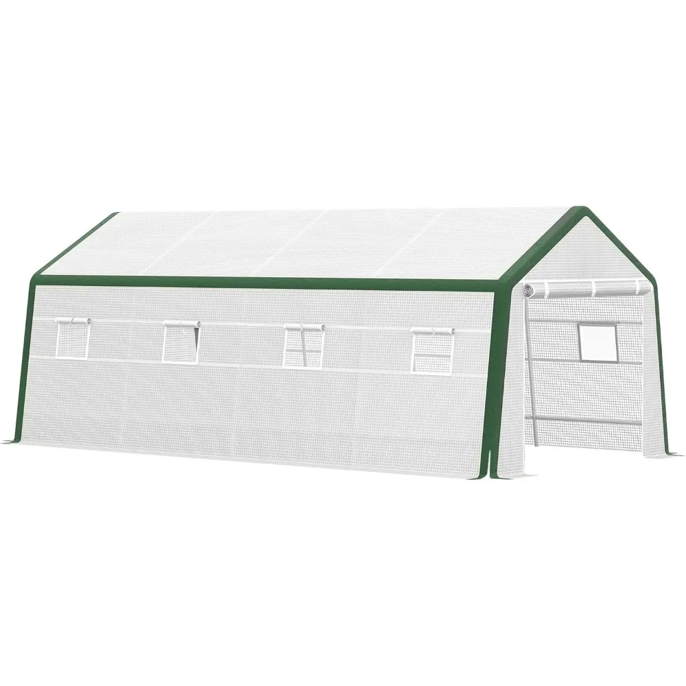 20' x 10' x 8' Heavy-Duty Greenhouse, Walk-in Hot House with Windows and Roll Up Door, PE Cover, Steel Frame