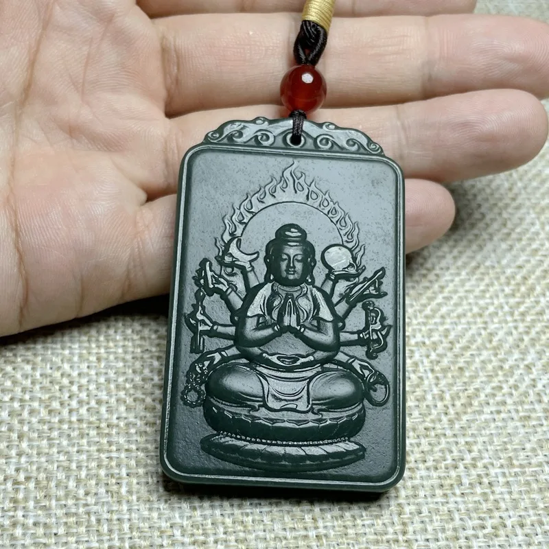 Hetian Thousand-Armed Avalokiteshvara Men, Green Jade Pendant, Personal Zodiac Buddha Amulet