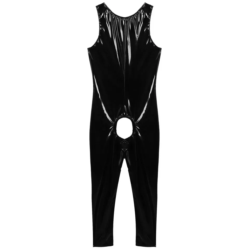 Mens Sexy Crotchless Latex Bodysuit Zipper PVC Leather Jumpsuit Gay Sleeveless Rompers Male Tight Long Leotard Wrestling Singlet