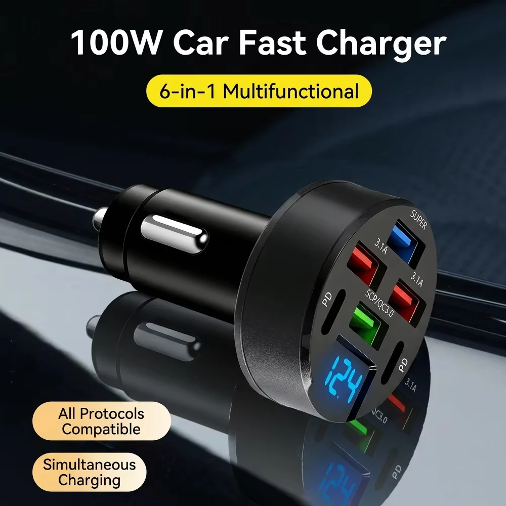 Multi Port USB C Car Charger 12V 24V with Real-Time Voltage Display Super Fast Charging Adapter for iPhone Samsung Tablets iPad