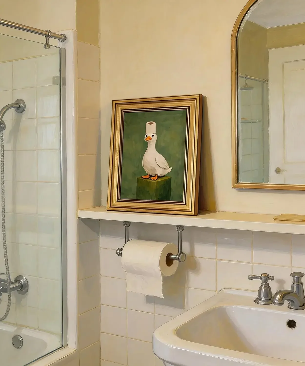 Canvas Wall Art, Funny Duck With Toilet Paper Hat Portrait Print Whimsical Vintage Animal Framed Art Home Bathroom Wall Decor