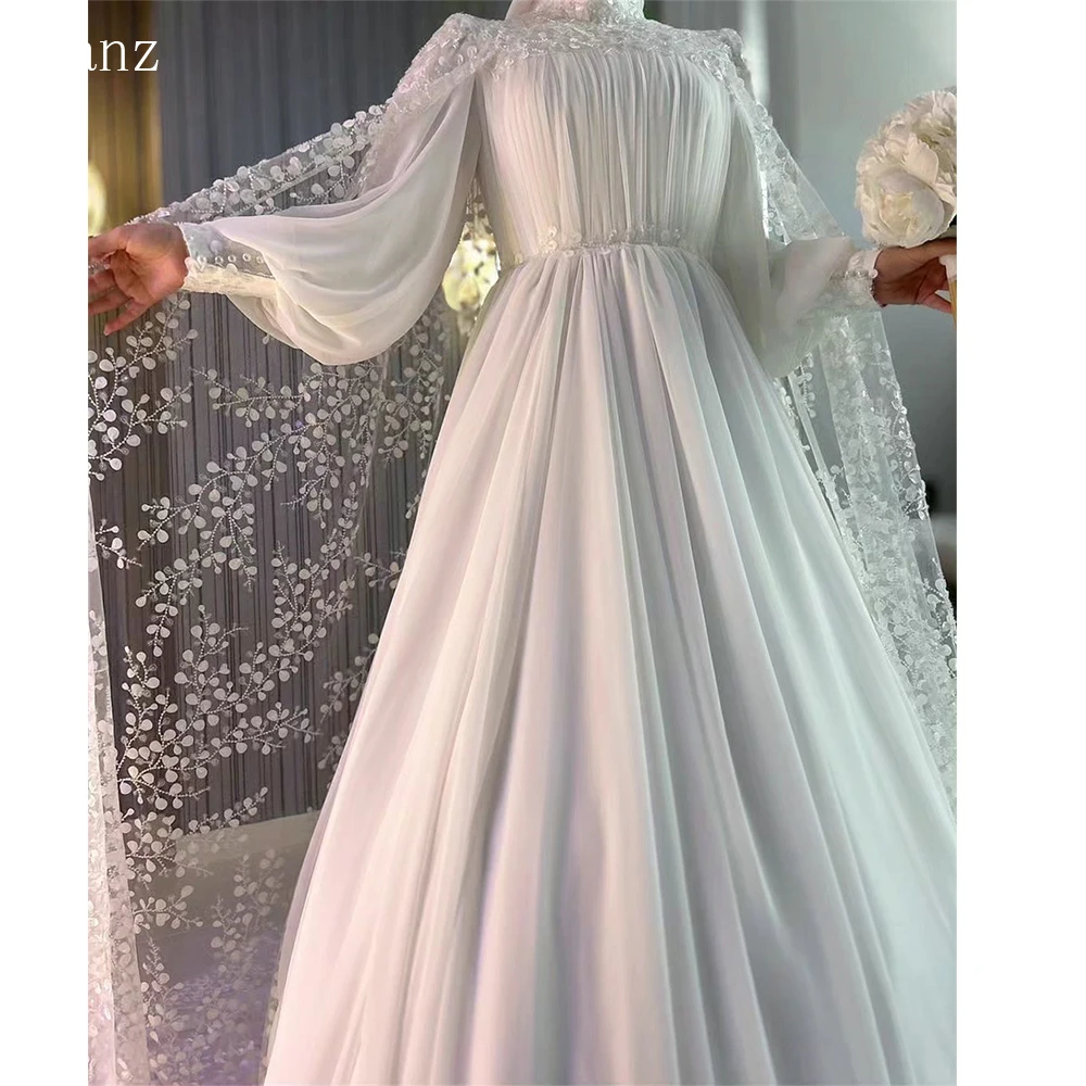 Qanz Fashion High Neck Chiffon Pleat Wedding Dress Princess Bride Dress Bridal Gowns Long Sleeves Marriage Gowns Customized