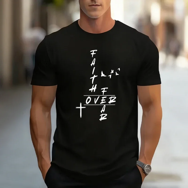 2026 Hot Sale Men's Cotton T-shirt Summer Daily Casual Fashion Short Sleeve Top Faith Over Fear Print Tees Urban Fashion Tshirts