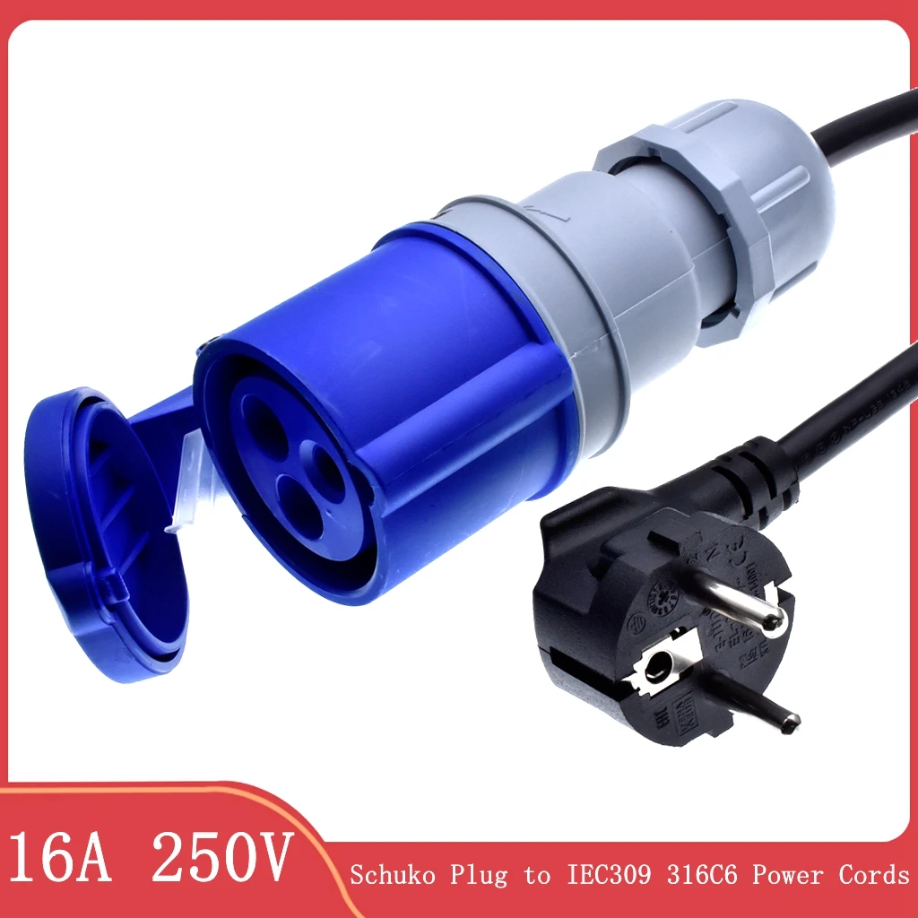 

EU Schuko Plug to IEC309 316C6 Power Cords, connect the 316P6 plug and the Euro CEE7/7 Outlet Socket, 16A 250V, 1.5mm Wire gauge