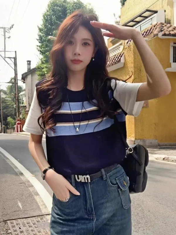 Color Block Stripe Knit Short Sleeve T Shirt Women's Korean Style Chic Design Summer Top Commute Style Slim Fit round Neck