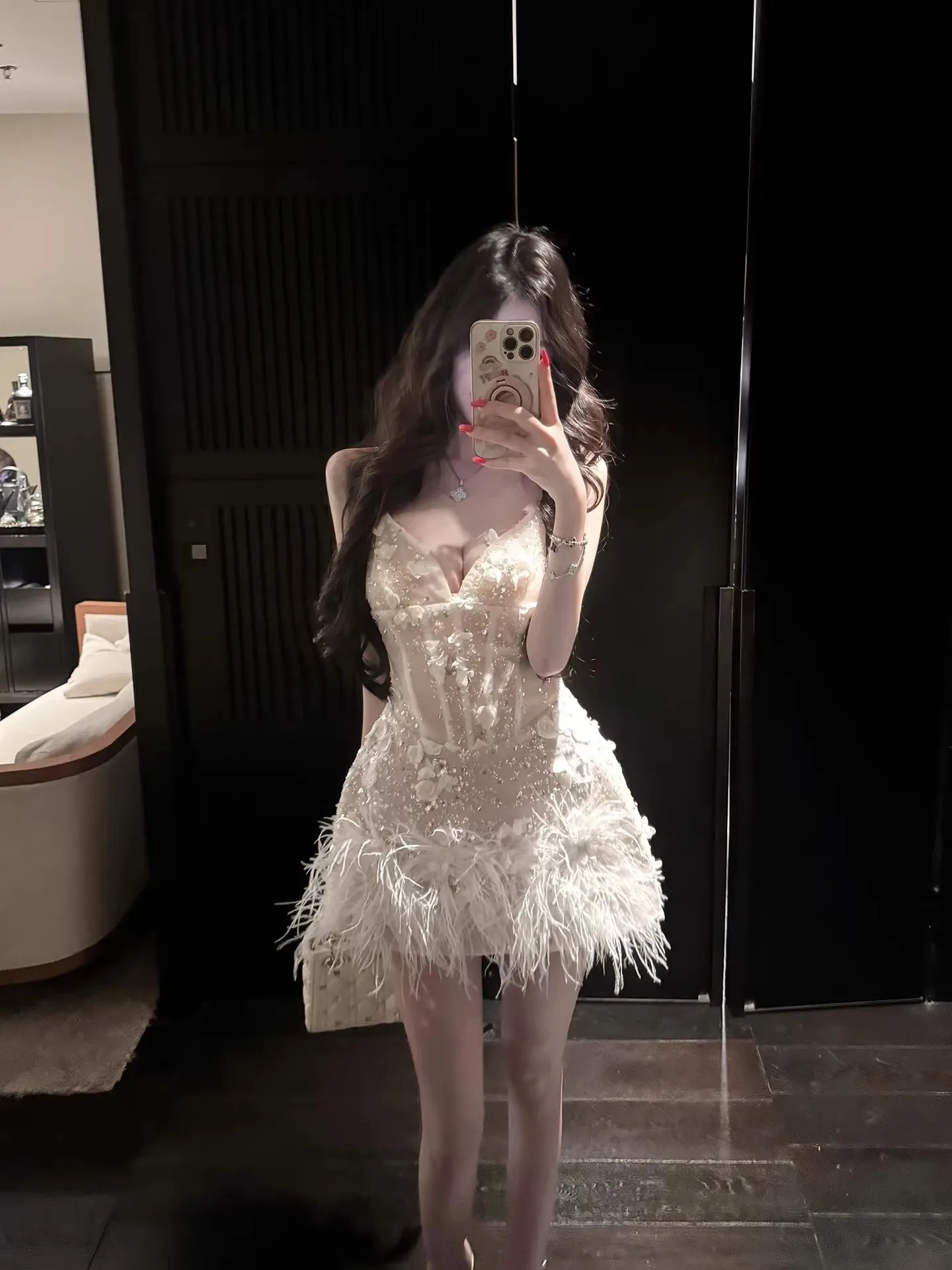 

Slimming Effect Heavy Embroidery Feather Splice A-Line Dress Sexy High Waist Lace Trim Fishbone Waist Cinching Women's Dress