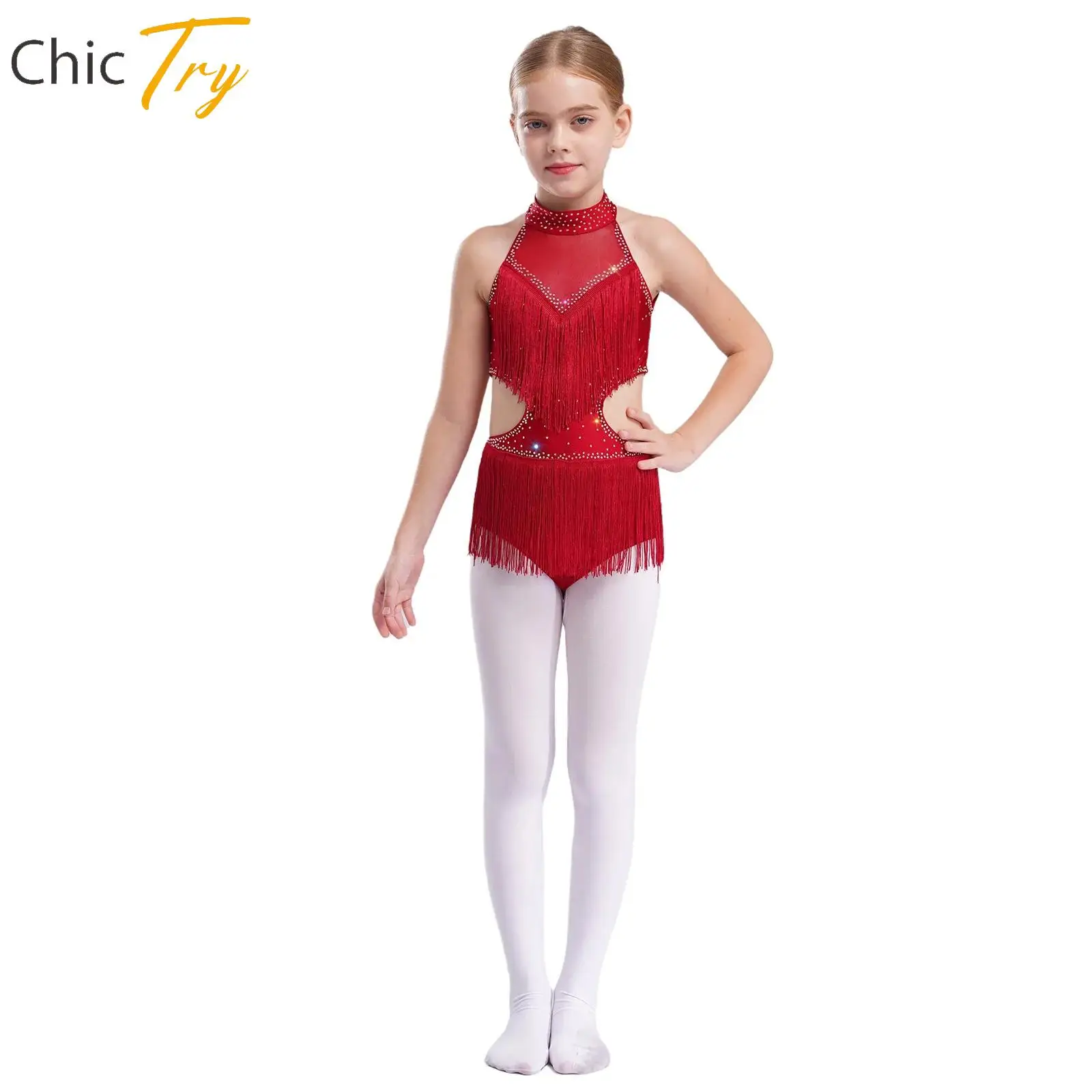 

Teen Girls Latin Cha-Cha Tango Samba Dance Figure Skating Performance Costume Sleeveless Rhinestones Fringed Leotards Dancewear