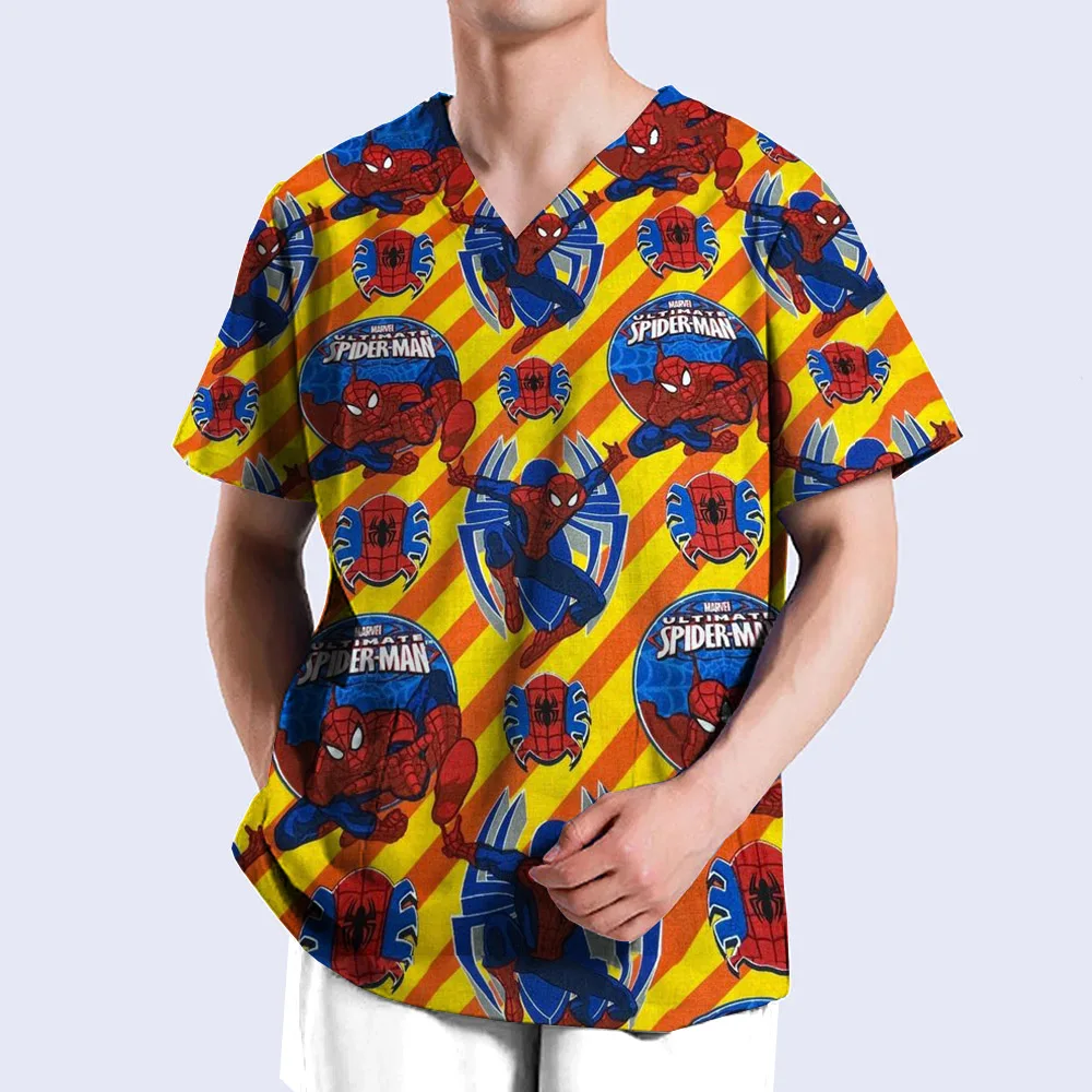 Marvel Spider Man print Medical Uniforms Nurse Accessories for Work Doctor's Surgical Scrub Cartoon Pattern Short Sleeved Shirt