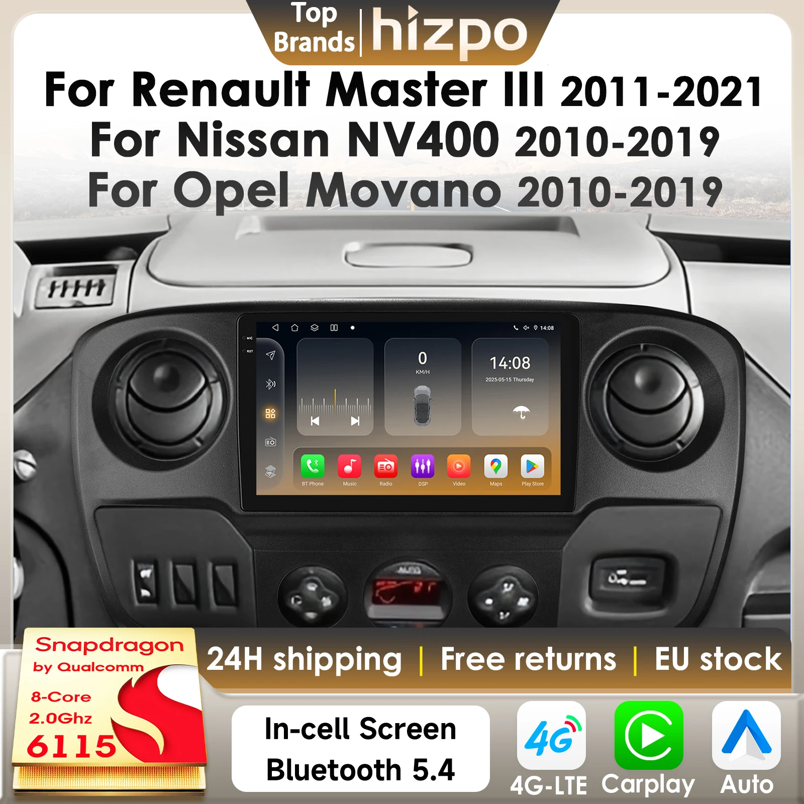 Hizpo Carplay Lettore multimediale per auto per Nissan NV400 2010-2019 per Opel Movano per Renault Master III 2011 GPS di Snapdragon6115