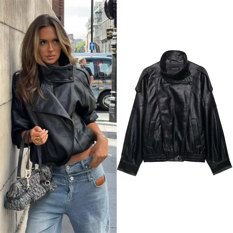 

2025 женская куртка, осенний новый стиль, черная куртка из искусственной кожи с длинными рукавами и высоким воротом в байкерском стиле, модная и модная
