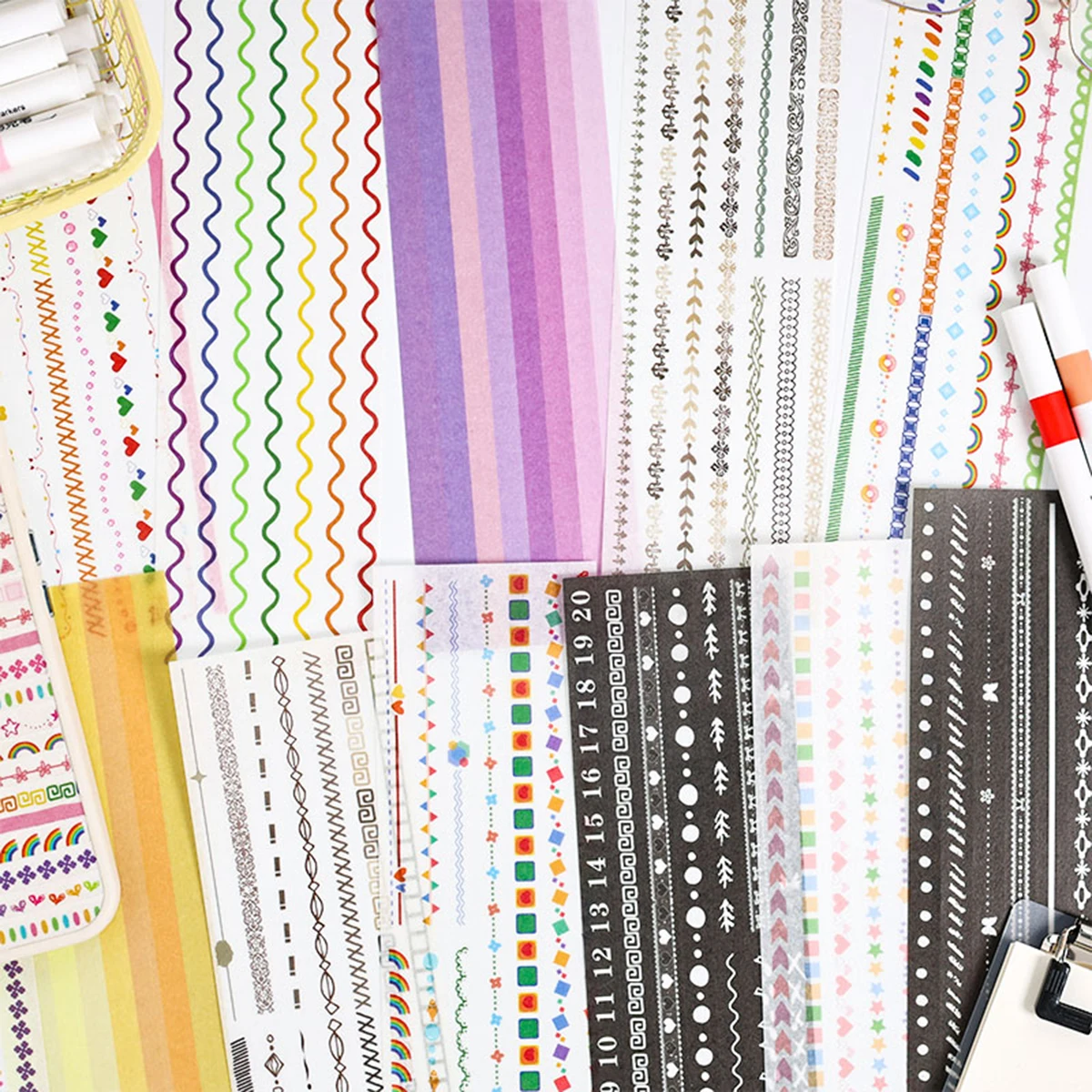 6 Sheets per Pack of Colorful Strip Stickers with Different Patterns, for DIY Scrapbooks and Photo Frame Decoration Materials