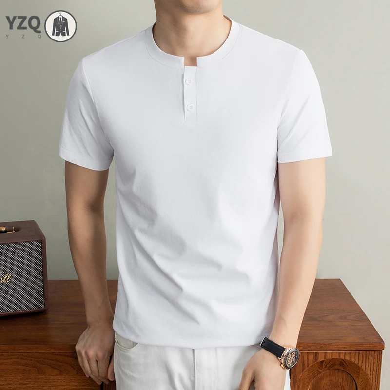 Minimalistisches, solides Strick-T-Shirt für Herren, Henley-Stil mit zwei Knöpfen am Hals, schnelltrocknend, schweißhemmend, für den täglichen Gebrauch, Autofahren, Familientreffen.