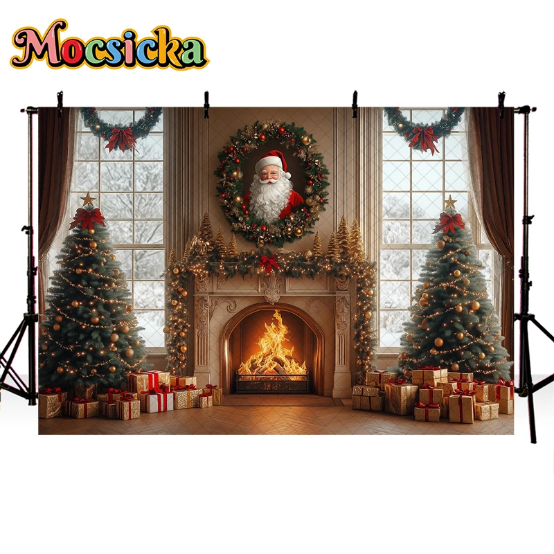 Mocsicka Indoor Christmas Photography Background camino babbo natale Xmas Tree Decor Kids Adult Family Photo Background Studio