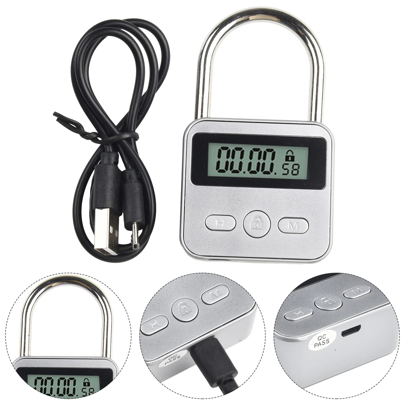 1PC Timing Padlock Zinc Alloy Metal Timer Lock LCD Display Multi Function Electronic Time With USB Charging Cable