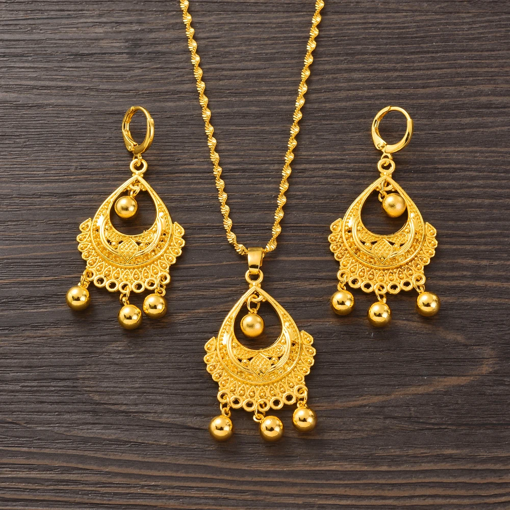 Ethnic Women Big Gold Color Dangle Africa Earrings Pendant Golden Braidal Jewellery Set