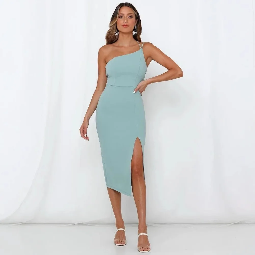 2025 봄/여름 새로운 오프 숄더 섹시한 가방 엉덩이 슬리밍 중간 길이 스트랩 드레스 8623
