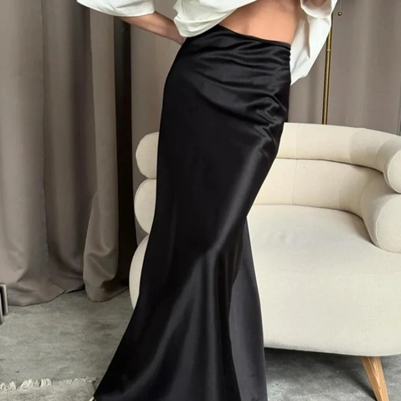 エレガントなシルクスリムソリッドシャンパンブラックカジュアルAラインスカート女性用レディースロングスカートハイウエストサテンサマースカートレディ