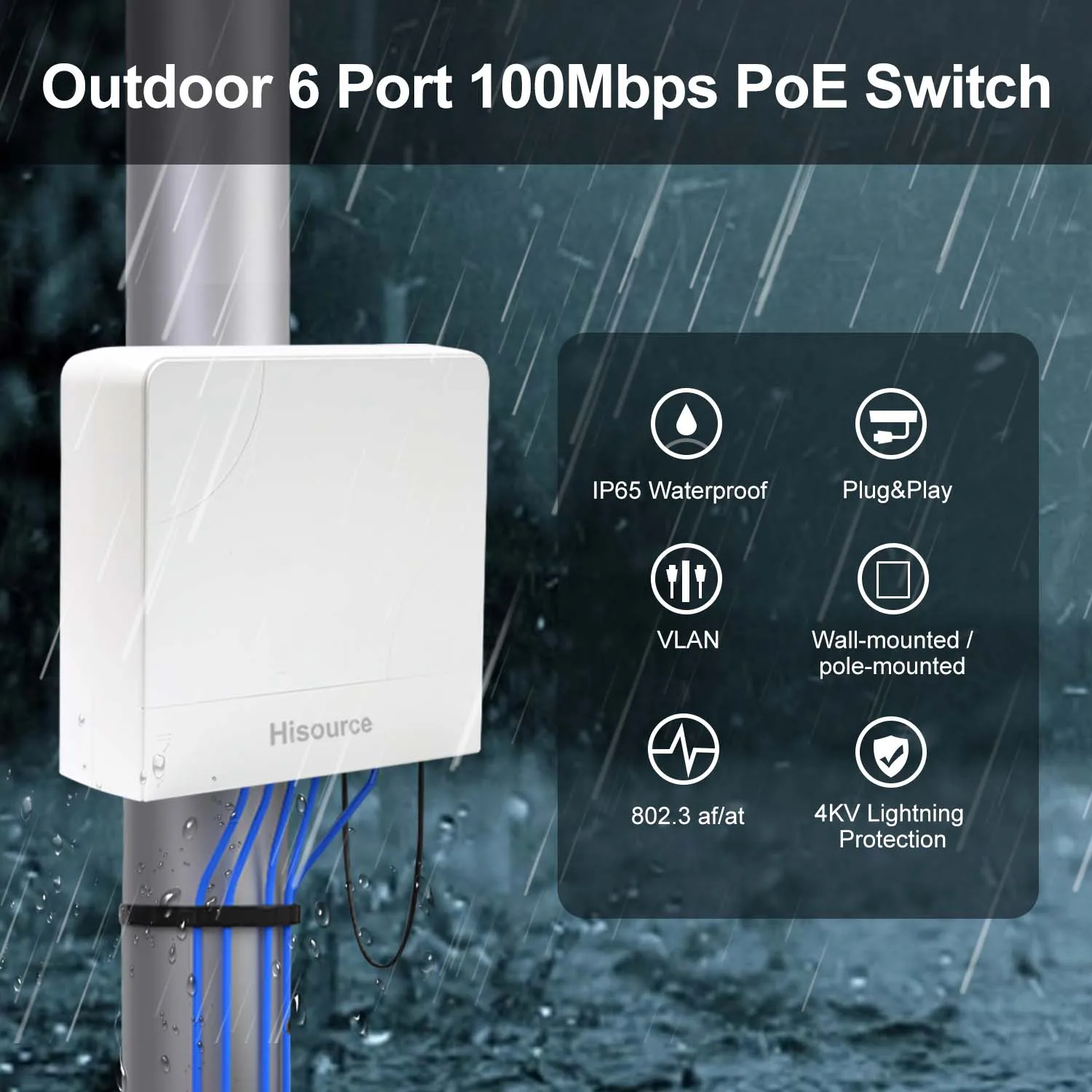 Hisource Outdoor Waterproof 6 8 9 Port POE Switch Active 48V Support IEEE 802.3af/at Network Switch for IP Camera/Wireless AP