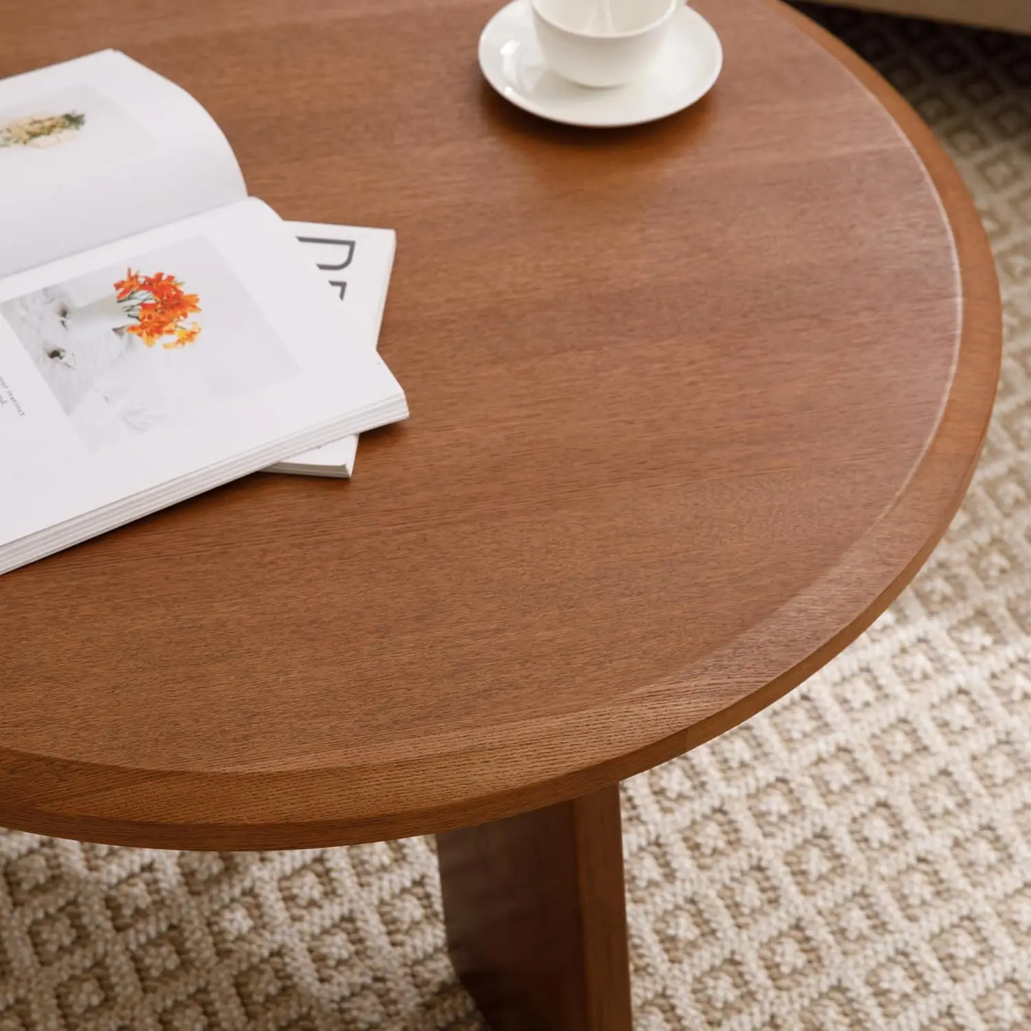 Modern Farmhouse Round Wood Coffee Table - Small Easy Assembly Floor/Couch End Table, Walnut for Living Room/Office/Reception