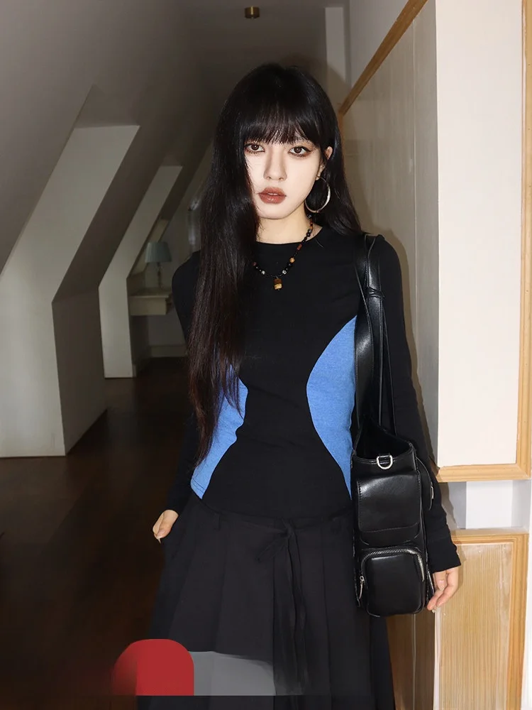 

Черный короткий вязаный свитер женский приталенный, осенне-зимний, базовый топ, корейский дизайн, с цветными вставками