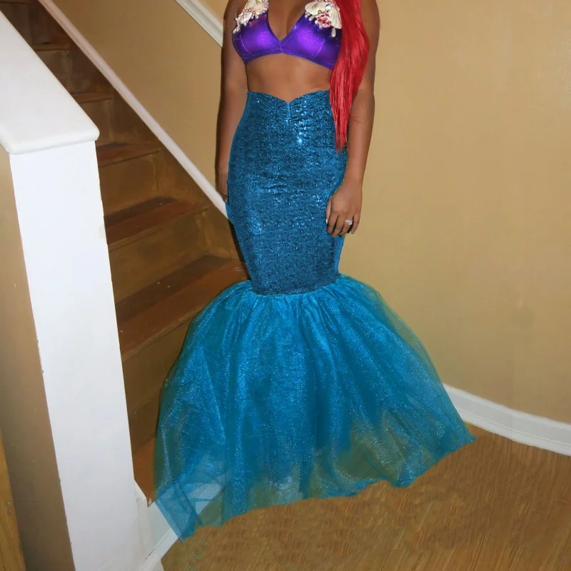 

Женский костюм русалки с тюлевым подолом, блестящая юбка с пайетками, наряды для косплея на Хэллоуин