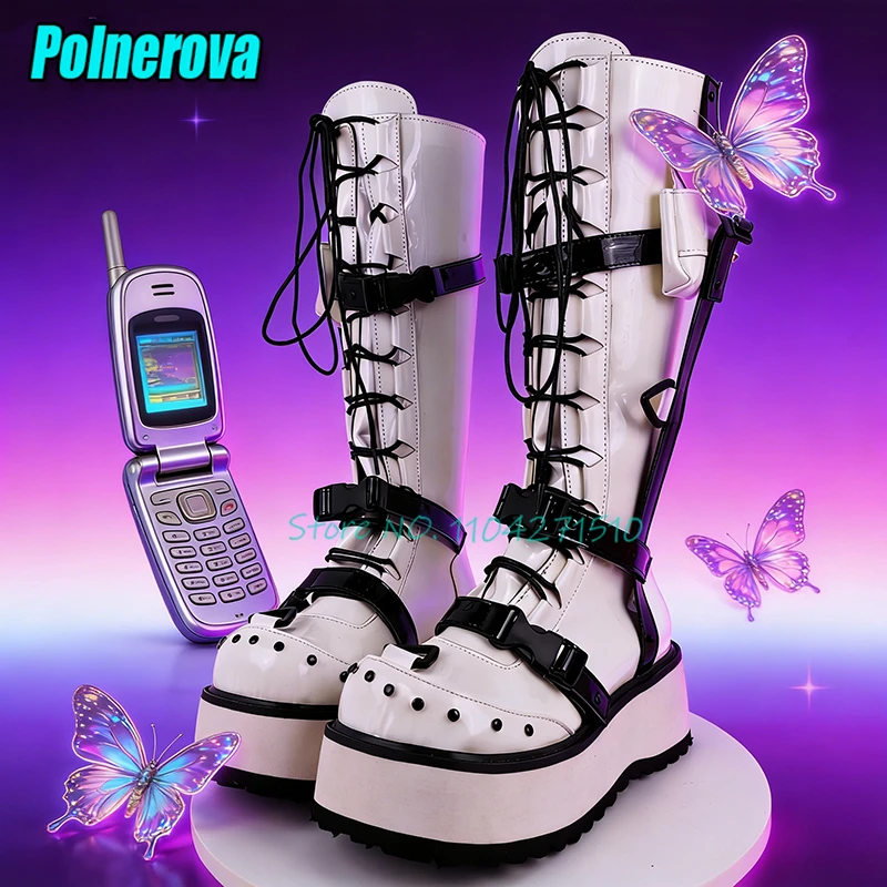 

Готические сапоги до колена на платформе с круглым носком, черно-белые, из лакированной кожи, с перекрестной шнуровкой, на толстой подошве, в стиле рыцарских сапог, Y2K, для косплея, женская обувь