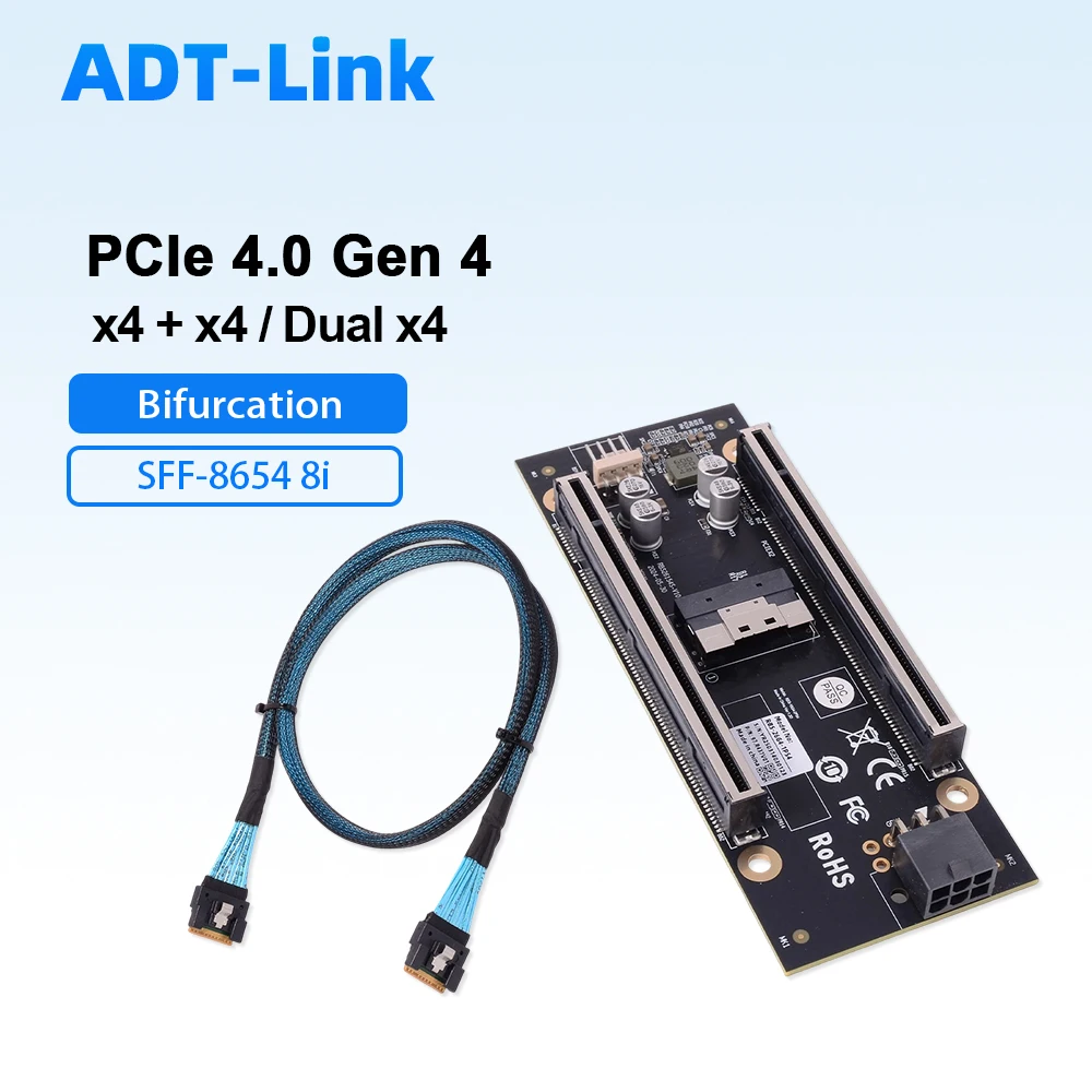 

PCIe 4.0 X4 + X4 Splitter Adapter Card, SFF-8654 8i To Dual PCIe X4 Bifurcation Riser 6Pin Powered for GPU/Network Card/NVMe SSD